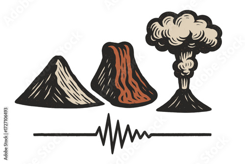 Imagery of volcanic activity featuring volcanoes and eruptions captured in a simple artistic style