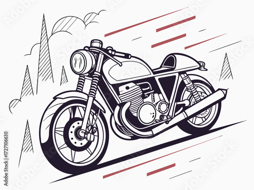 Classic motorcycle sketch on with speed lines and trees