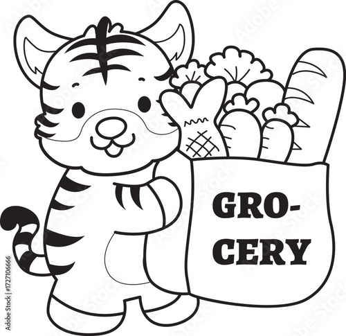 Coloring book of cute tiger character vector clip art for children.  