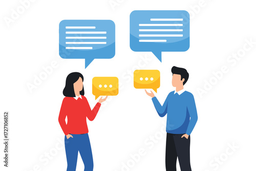 People exchanging messages via speech bubbles, isolated on white background, representing communication, connection, and the importance of dialogue vector