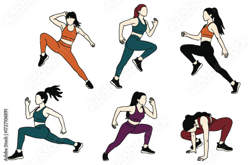Diverse women in athletic wear engage in dynamic exercises, isolated on white background, showcasing fitness, health, and the power of female empowerment vector