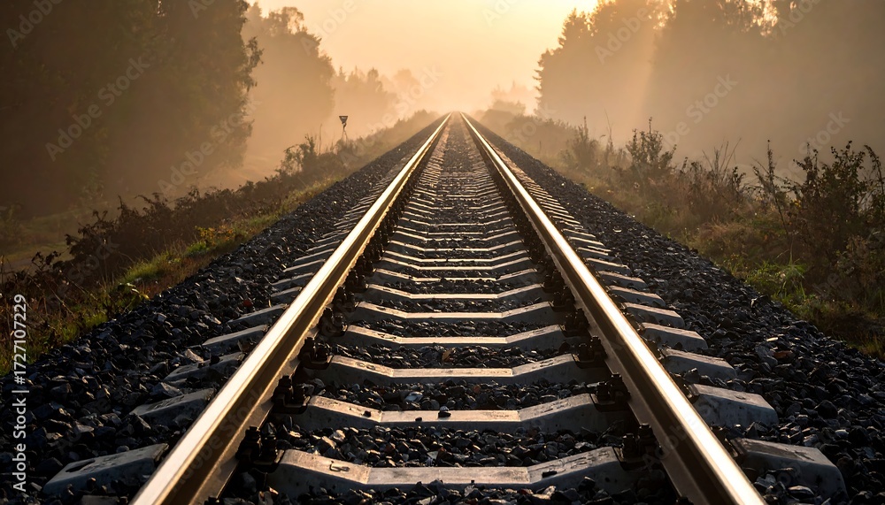 Fototapeta premium Railroad tracks extending into a misty sunrise