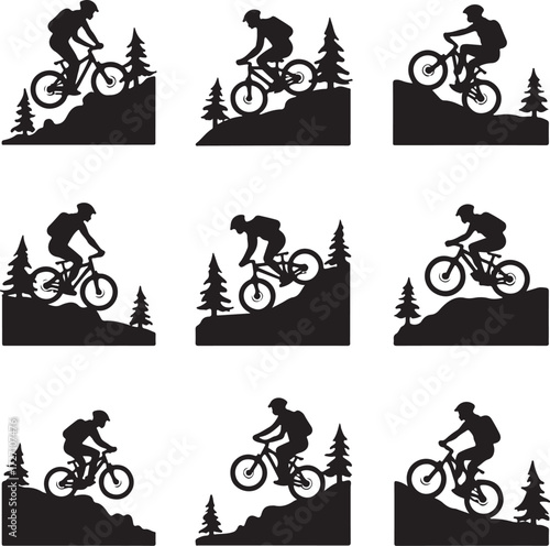 Mountain bikers silhouetted on rocky terrain with pine trees