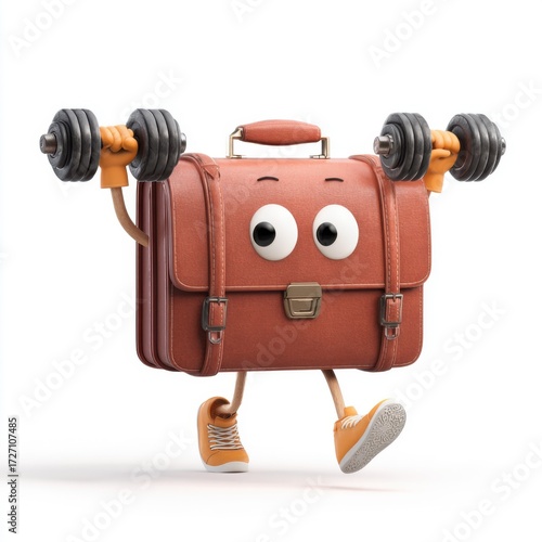 Playful Cartoon Briefcase Lifting Dumbbells in a Fun Fitness Setting