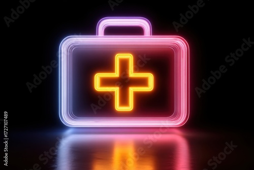 Neon Medical Case Icon with Bright Colors and Reflection Effect