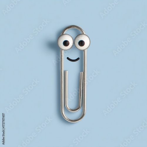 Playful Paperclip Character with Eyes on Blue Background