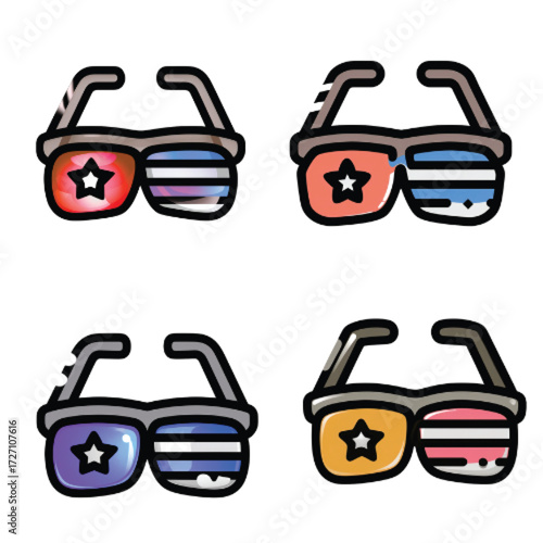 Four pairs of patriotic sunglasses with star-shaped accents and striped lenses, showcasing different color combinations.