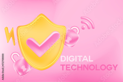 Light pink 3D glass shield with yes icon. Futuristic cute system network blurred gradient background with copy space. Digital technology banner, infographic vector.