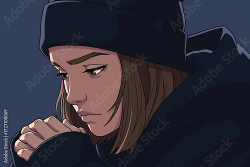 A pixel art portrait of a young woman with a beanie, looking down with a thoughtful expression, her hands clasped in front of her, set against a dark blue backdrop vector