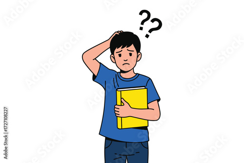 A confused young boy scratching his head with question marks above him, holding a yellow book, isolated on white background, cartoon style illustration vector