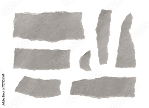 Six gray torn paper shapes in a balanced composition.