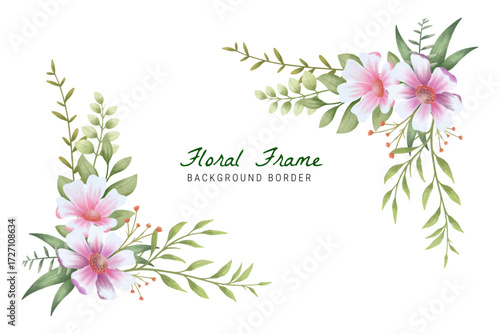 Watercolor corner bouquet pink purple white and green cosmos floral arrangement