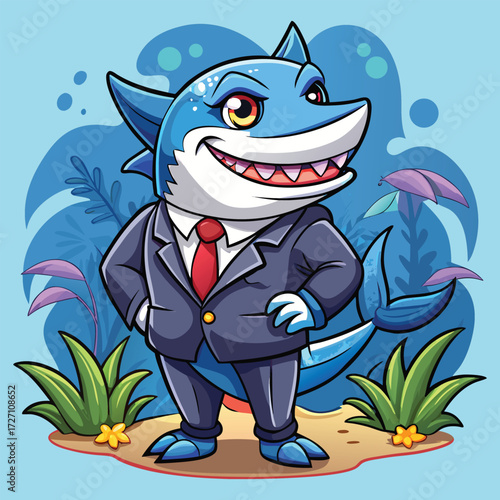 A charming cartoon shark dressed in a sharp business suit, exuding confidence and a playful demeanor, stands amidst lush underwater foliage with a bright, inviting expression.