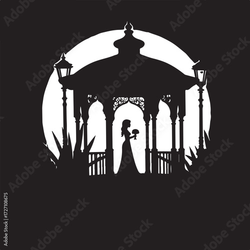 Silhouette bride holding bouquet in gazebo against moon