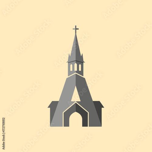 Church building with letter A shape, gray color on a beige background.