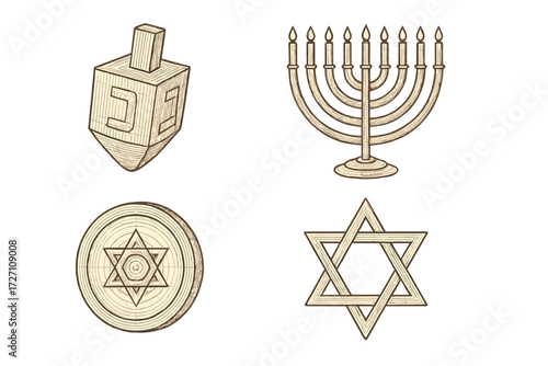 Celebration of Jewish traditions featuring menorah, dreidel, Star of David, and wooden dreidel