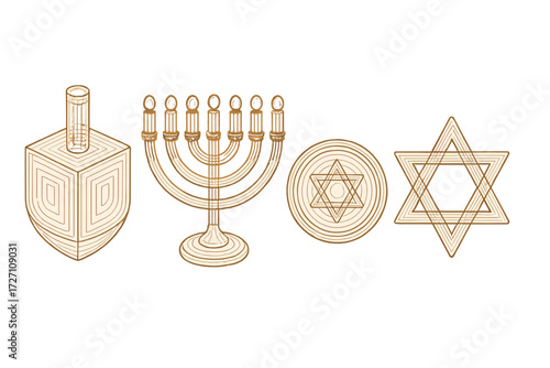 Symbols of Jewish tradition displayed in line art style showcasing a dreidel, menorah, star, and emblem
