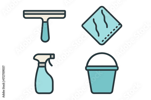 Cleaning supplies including a squeegee, cloth, spray bottle, and bucket arranged for an effective cleaning session