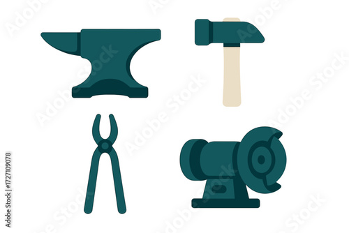 Tools for metalworking and crafting displayed together in a simple layout, showcasing essential equipment for artisans