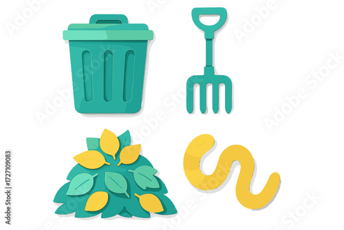 Tools and items used in gardening and waste management displayed on a clean background