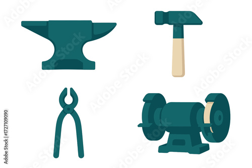 Tools for blacksmithing and metalworking displayed on a clean white background