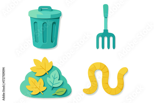 Colorful gardening tools and trash bin arranged on a white background showcasing eco-friendly themes