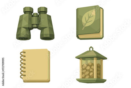 Collection of green-themed outdoor essentials for nature exploration and observation