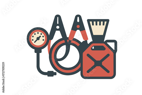 Tools for car maintenance including pressure gauge, jumper cables, and fuel container arranged on a flat surface
