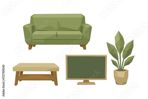 Modern geometric furniture set including a green sofa, coffee table, plant, and television in a simple arrangement