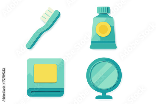 Colorful bathroom essentials with toothbrush, toothpaste, soap, and mirror arranged neatly