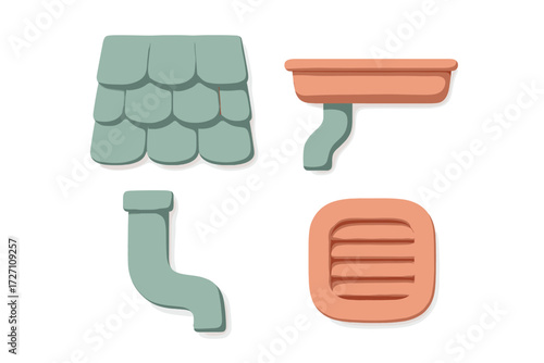 Decorative building elements in pastel colors showcasing roof tiles, gutters, and vent designs for creative projects