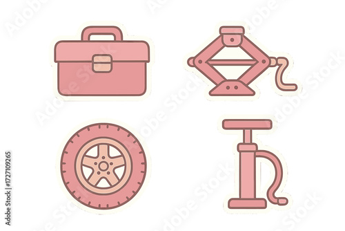 Tools and equipment for car maintenance displayed in a simple, colorful design