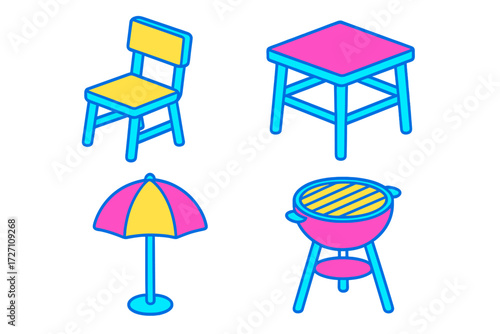 Colorful outdoor furniture including chairs, table, umbrella, and grill for a summer gathering