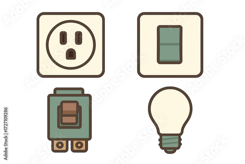Different types of electrical components including socket, switch, circuit breaker, and light bulb in a simple design