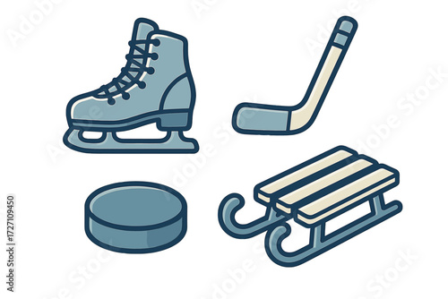 Ice skating, hockey, and sledding gear laid out on a white background for winter activities enthusiasts