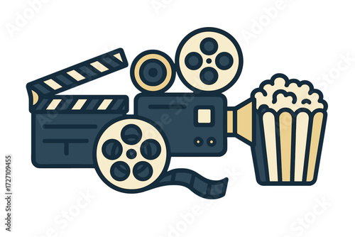 Classic film equipment with popcorn for a fun movie night at home