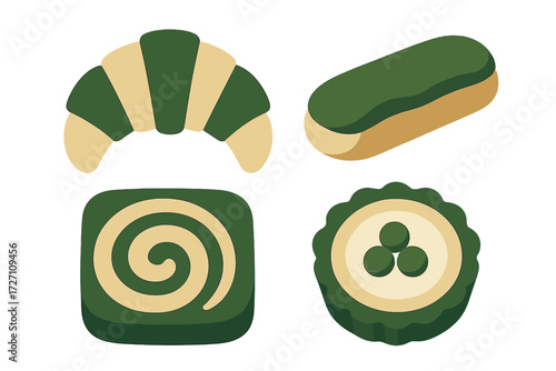 Colorful assortment of matcha desserts arranged on a white background