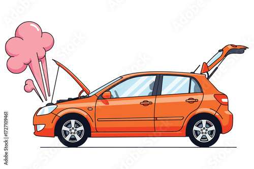 Orange car with open hood and trunk emitting smoke isolated on white background, indicating mechanical failure or overheating issue during travel vector