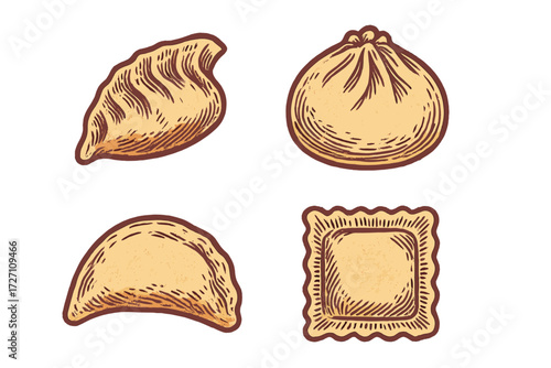 Tasty collection of dumplings and stuffed pasta presented on a simple background