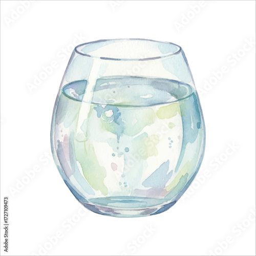Watercolor Glass of Fresh Water Vector Illustration Isolated on White Background, Clear Hydration Drink Clipart for Design, Menu, and Wellness Concept