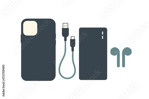Modern mobile accessories including a phone case, power bank, charging cable, and earbuds arranged neatly