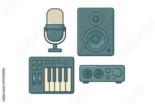 Musical equipment setup with microphone, speakers, keyboard, and audio interface for recording and producing music in a studio environment