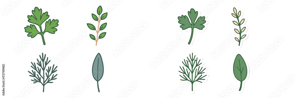 Fototapeta premium Variety of fresh herbs illustrated in vibrant green colors with simple designs on a white background