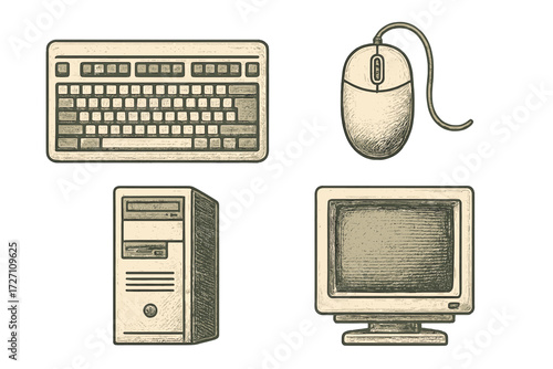 Vintage computer equipment including a keyboard, mouse, monitor, and CPU on a clean white background