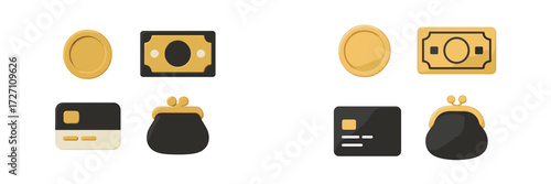 Colorful collection of money-related icons on a white background for finance or shopping themes