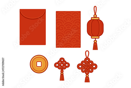 Bright red decorations symbolize good fortune and celebration during the Lunar New Year festivities in a festive setting