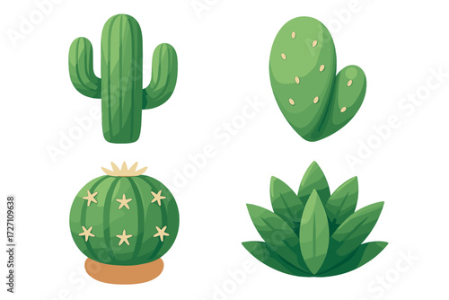 Green cacti and succulent plants with unique shapes and designs in a vibrant style