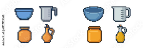 Pixel art depiction of kitchen containers and measuring tools in vibrant colors arranged neatly on a white background
