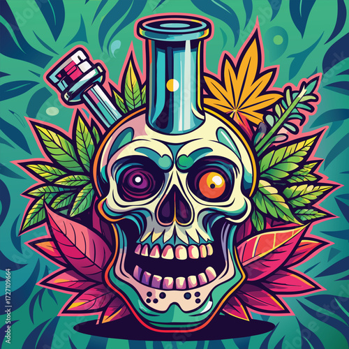 A vibrant, stylized skull bottle with glowing eyes, surrounded by cannabis leaves and bubbling potions. This imagery evokes themes of alchemy, Halloween, and potentially mind-altering substances.