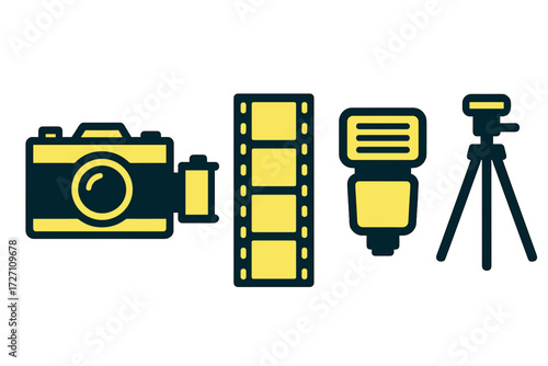 Assorted photography equipment including a camera, film, flash, and tripod displayed together on a plain background